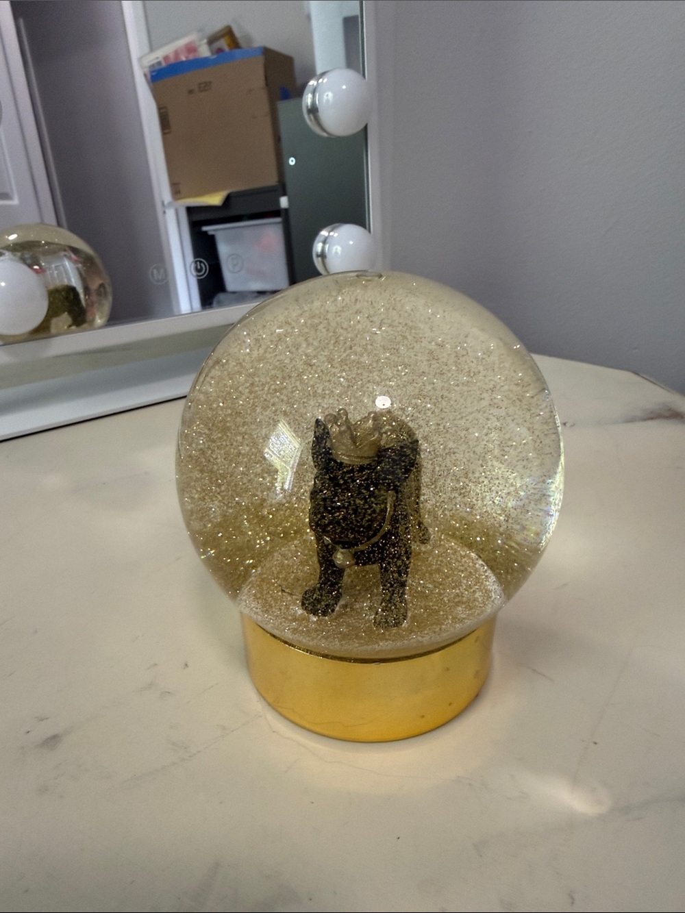 Gold Glitter Snow Globe with Black Bulldog Figurine